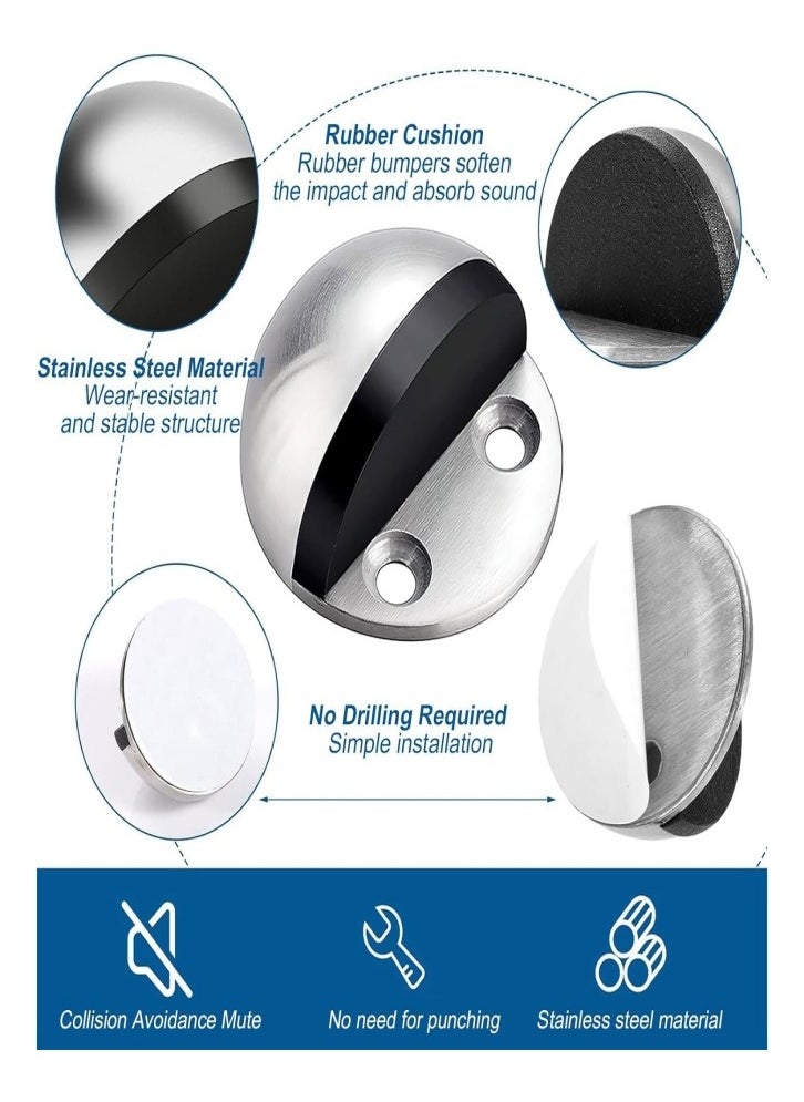 Floor Door Stoppers, 4 Pack Stainless Steel Door Stops Oval Floor Mounted with Screws and Self-Adhesive Pads- Sound Dampening Rubber Buffer, Durable for Home  Office Use - Image 2